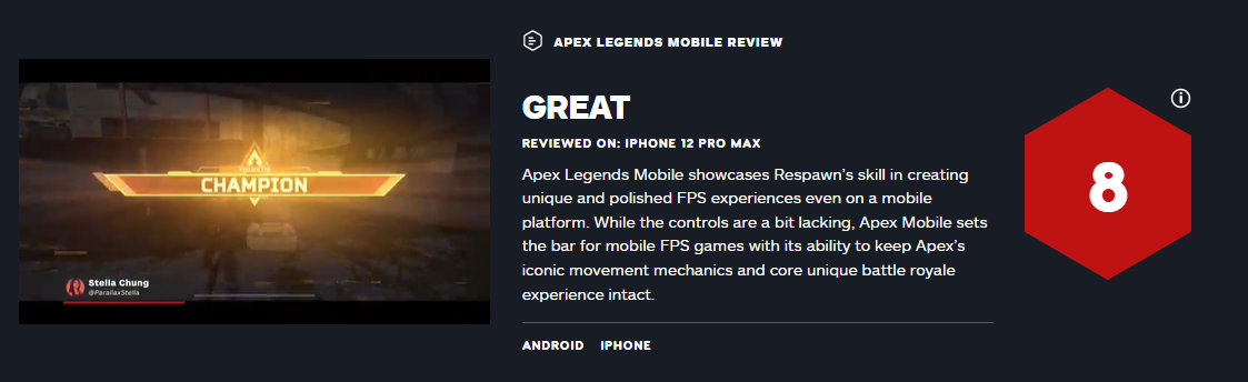 《Apex英雄手游》IGN评分8分1